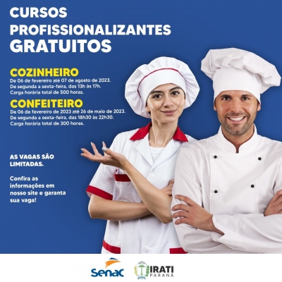 Prefeitura e Senac oferecem cursos profissionalizantes gratuitos de cozinheiro e confeiteiro